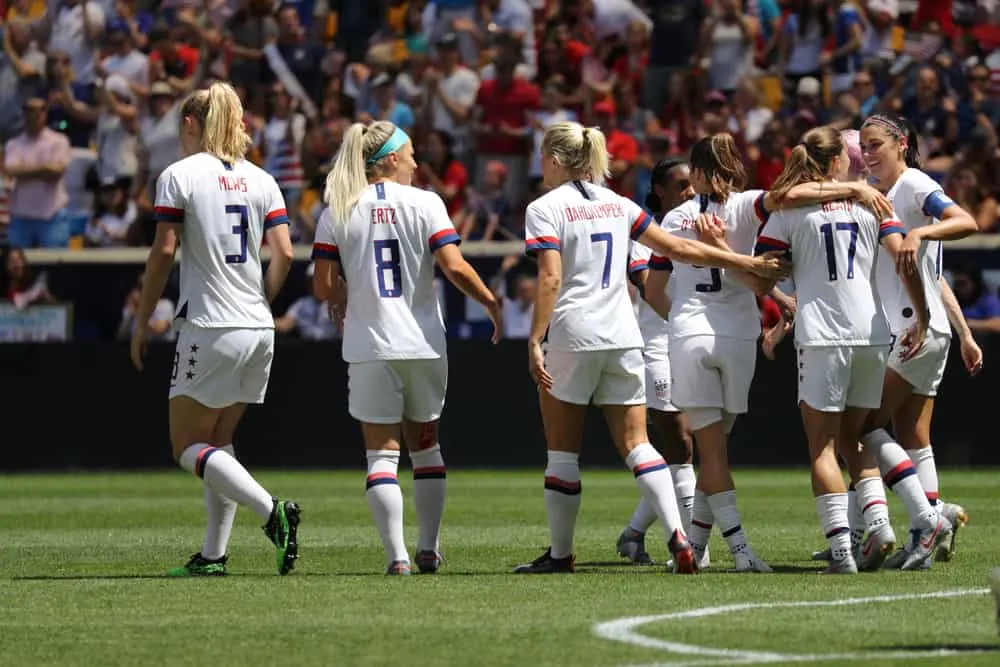 U.S. Women's National Soccer Team celebrates scoring goal during friendly game