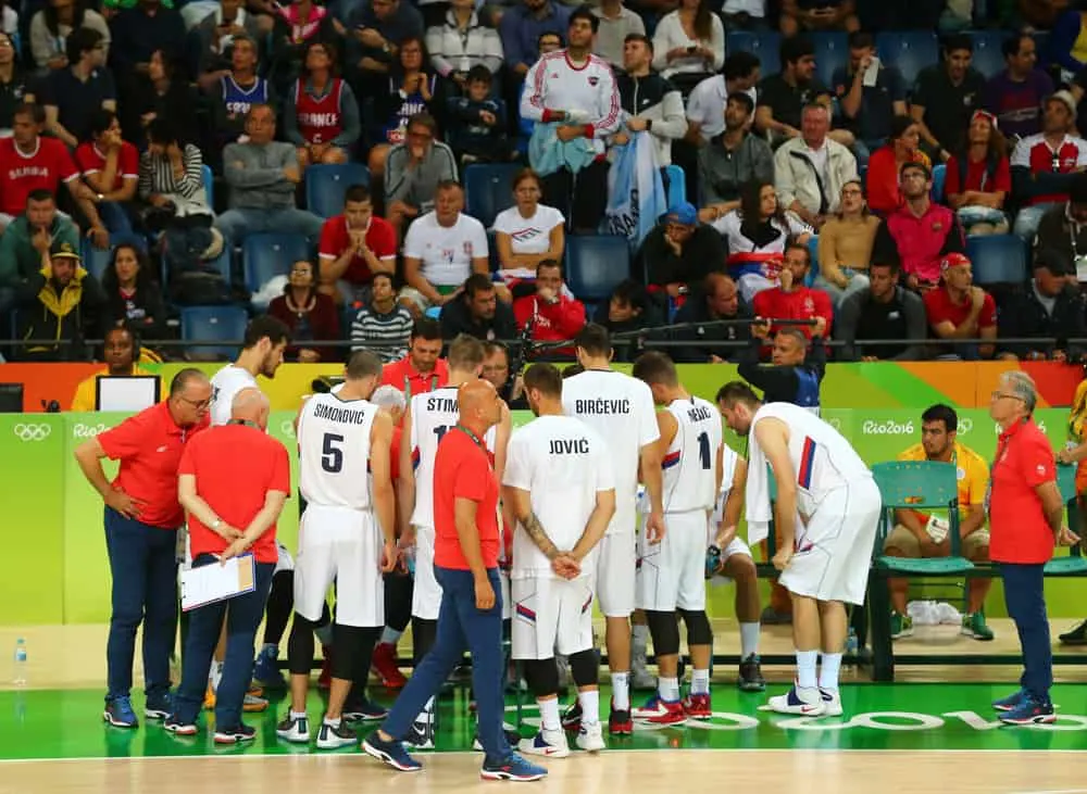 Team Serbia in action during group A basketball match of the Rio 2016 Olympic Games